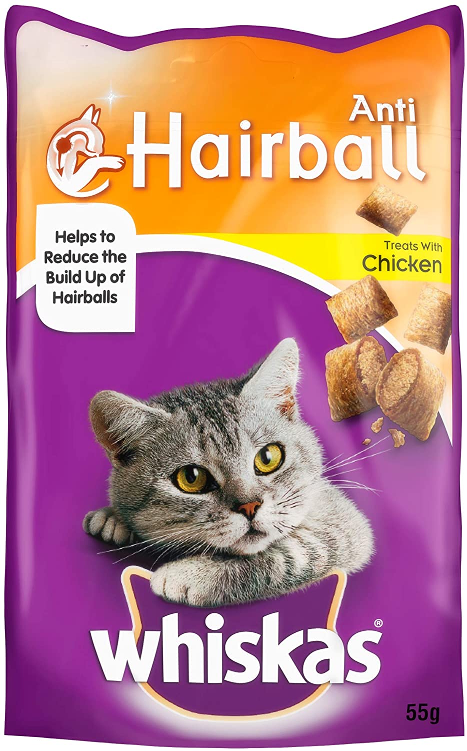Whiskas AntiHairball Cat Treats, treats for adult cats with a special blend of fibres, with