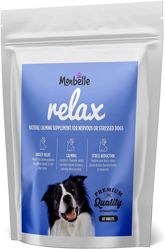 Monbelle Dog Calming Relax Tablet - 60 Tablets Help to Calm Stressed, Fireworks Storms or Nervous Dogs - Canine Behavioral Guide, Anxiety Relief, Peaceful Pup Rescue Remedy Aid - UK Manufactured