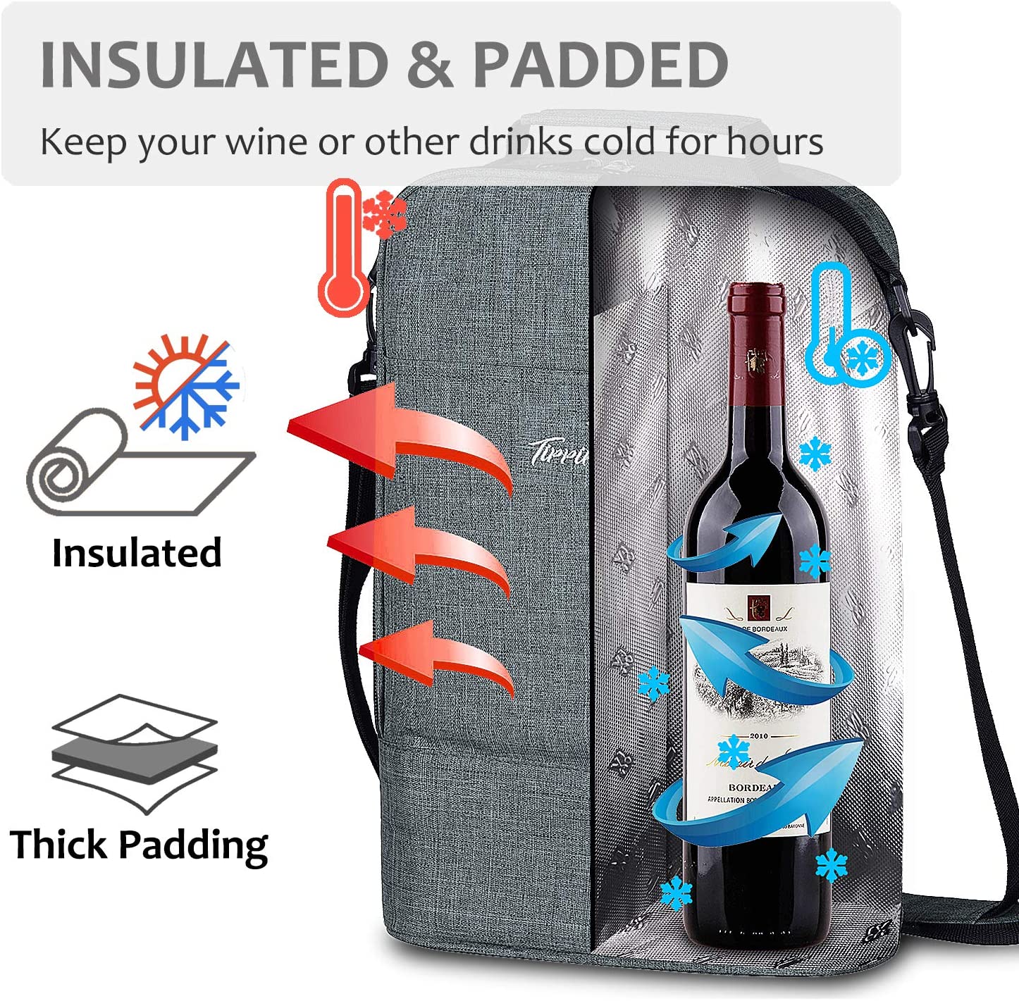 Kato Tirrinia Insulated 2 Bottle Wine Cooler Bag - Wine Cooler Tote Carrier for Picnic Beach, Wine Lover Gift, Grey - Image 4