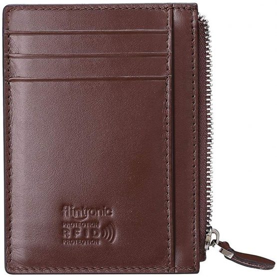 flintronic Credit Card Wallet, RFID Blocking Genuine Pink Leather Card Holder Anti Theft (1 Zipper compartments, 6 Card Slots & 1 ID/Photo Window) Slim Pocket Purse for Men & Women