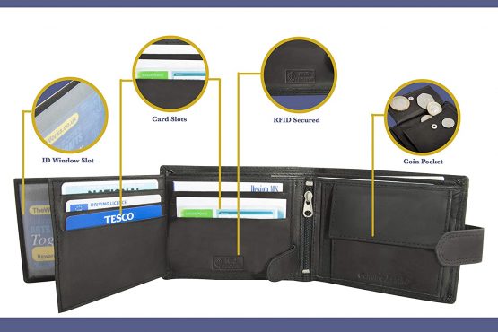Moirento ™ Mens Black Leather Trifold Wallet RFID Blocking Genuine Real Leather with Coin Pocket Anti Scan/Fraud Proof Wallet ID Holder with Contact Less Card Protection (LZ502-Blk) - Image 2
