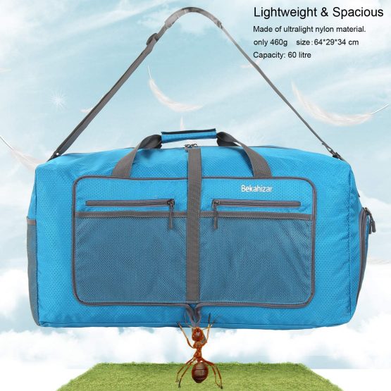 Bekahizar 60L Foldable Duffle Bag Large Lightweight Packable Travel Weekend Duffel with Shoe Compartment and Shoulder Strap for Luggage, Gym, Sport, Camping, Storage, Shopping (Dark Green) - Image 2