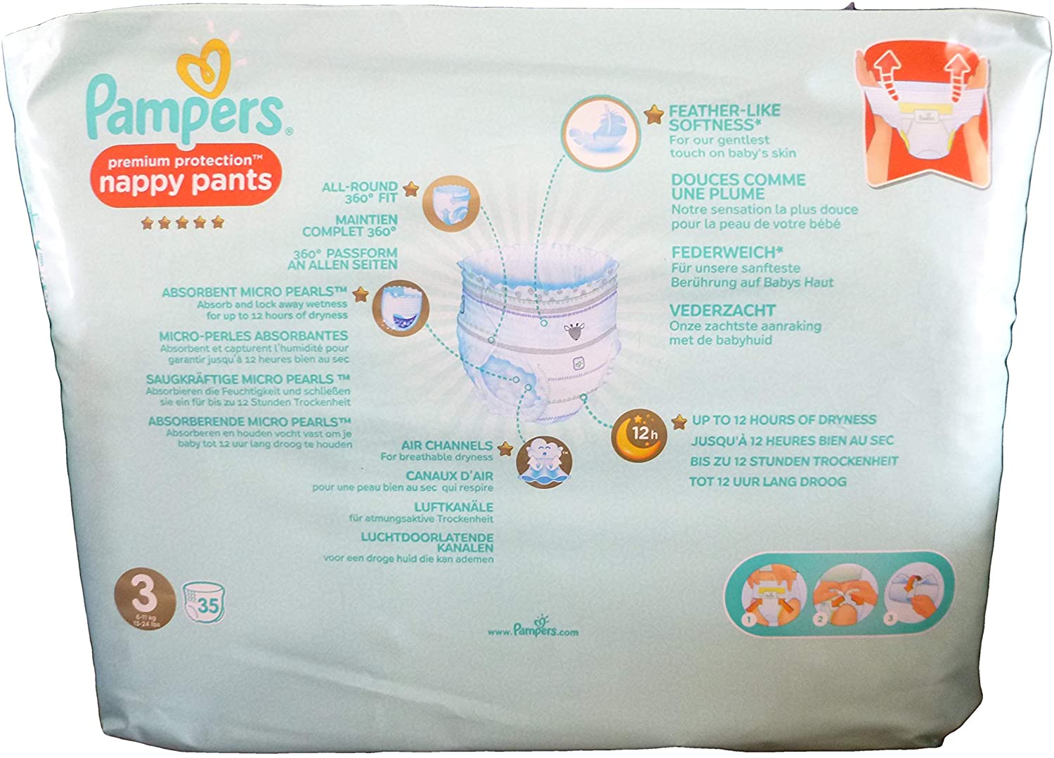 Pampers Premium Protection Pants Size 3, 35 Nappy Pants, Soft, White, Size 3 (35 Count) - Image 2