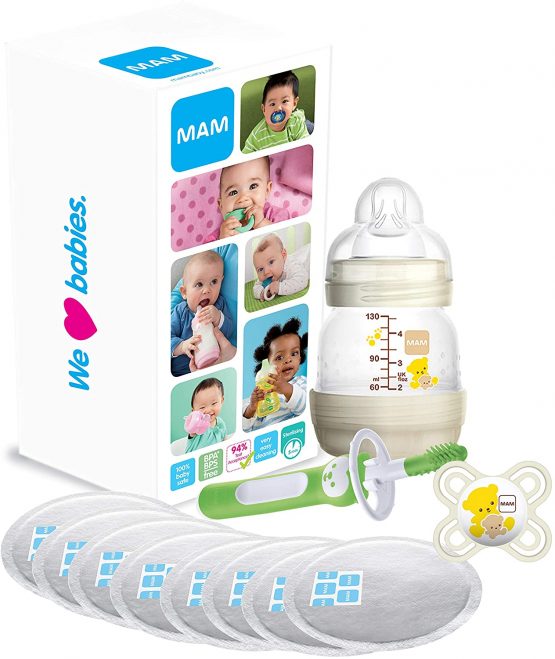 MAM Newborn Baby Box, Full of Newborn Baby Gifts & Hospital Bag Essentials, Including MAM Baby Bottle, Baby Soother, Teething Massaging Brush and Breast Pads