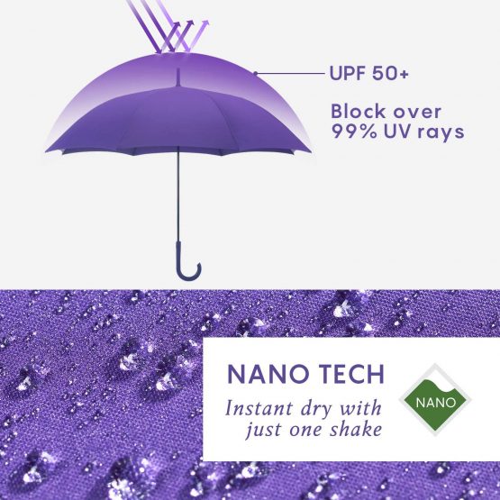 RUMBRELLA Purple UV Stick Umbrella Auto Open UPF 50+ with J Hook Handle 50IN - Image 2