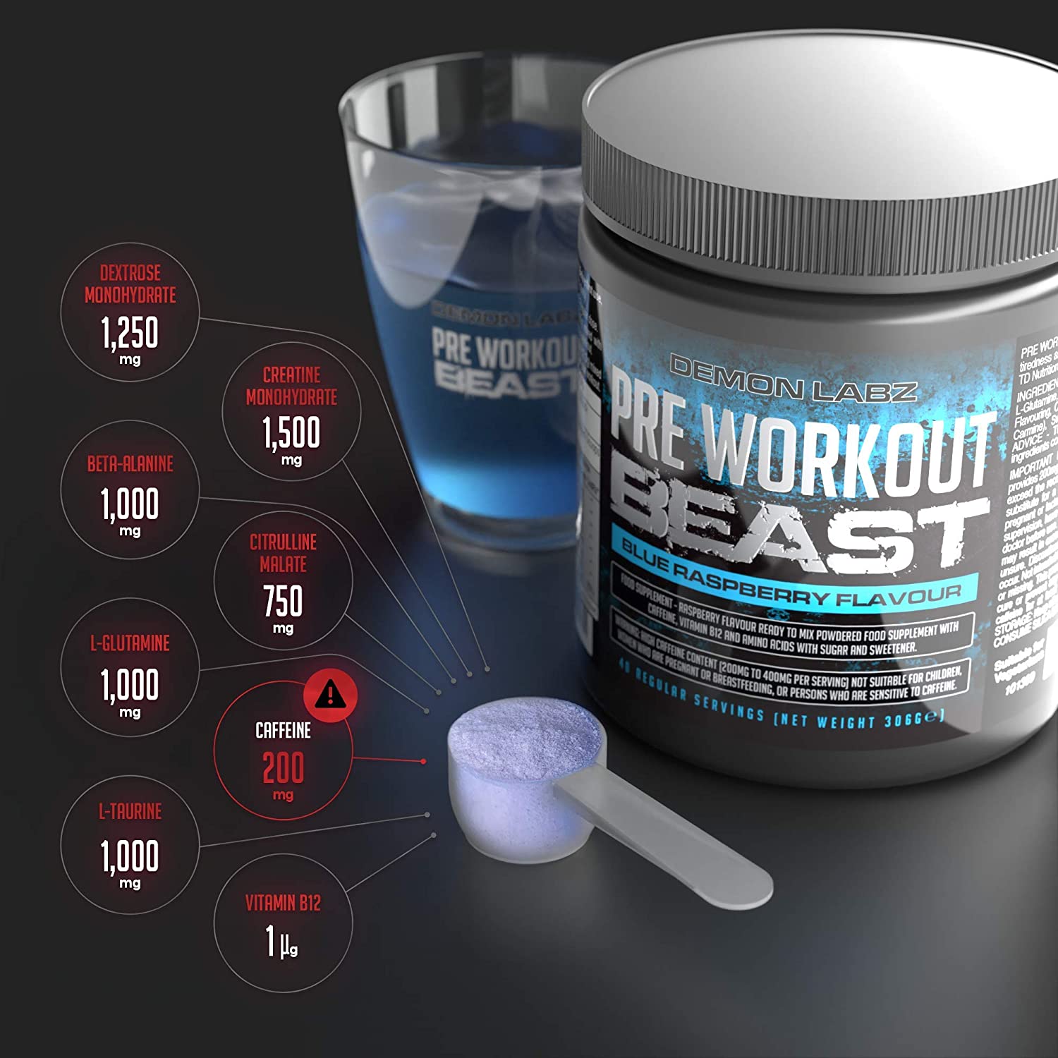 Pre Workout Demon, Advanced Pre-Workout Energy Powder with Creatine, Caffeine, Beta-Alanine & Glutamine, Blue Raspberry, 360g - Image 4