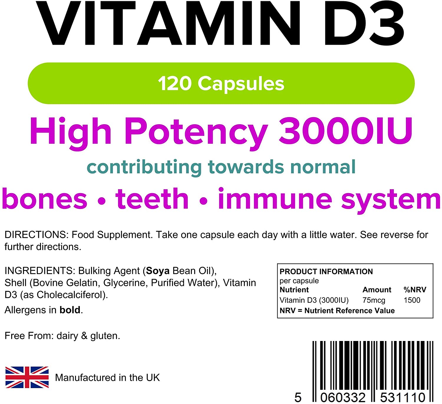 Lindens Vitamin D3 3000IU, 120 Capsules, High-Potency, 1500% NRV, Contributes to Normal Bones, Teeth & Immune System - Image 3