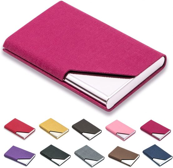 Padike Business Name Card Holder Luxury PU Leather & Stainless Steel Multi Card Case,Business Name Card Holder Wallet Credit Card ID Case/Holder for Men & Women (Rose red)