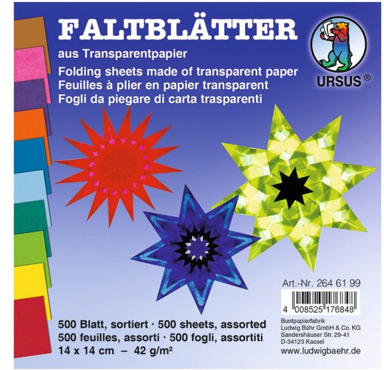 Ursus 2646199 – Transparent Folding Paper 14 x 14 cm 42 g/m² – 500 sheets in 10 Assorted Colours
