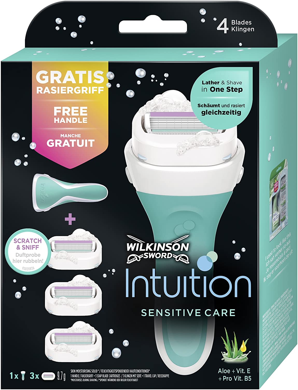 Wilkinson Sword Intuition Sensitive 4-Blade Razor for Men Sensitive Care, Box (3 razors), Black, 3 count (Pack of 1) - Image 2