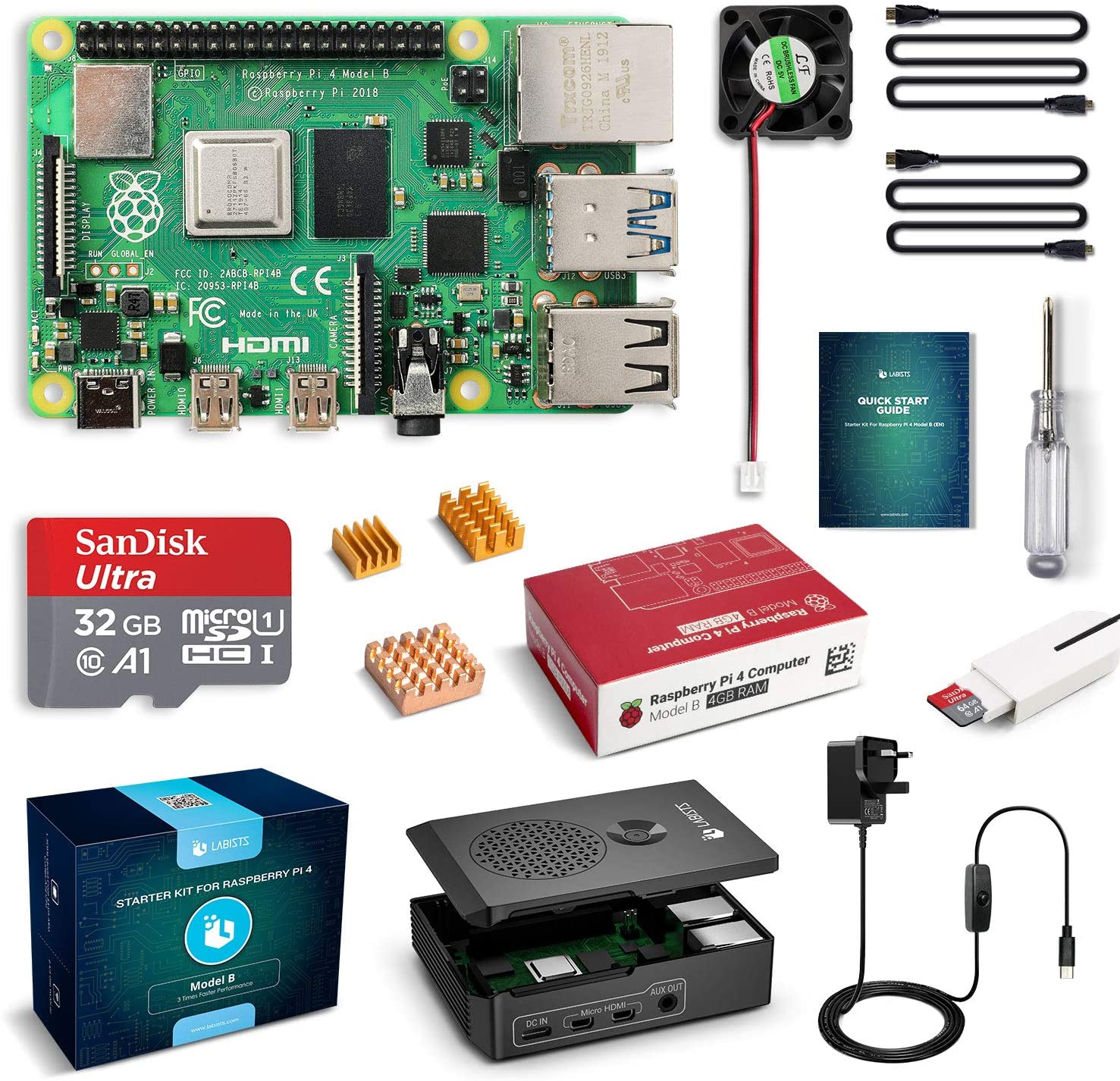 LABISTS Raspberry Pi 4 B Model B 4GB Starter Kit Motherboard 32GB SD ...