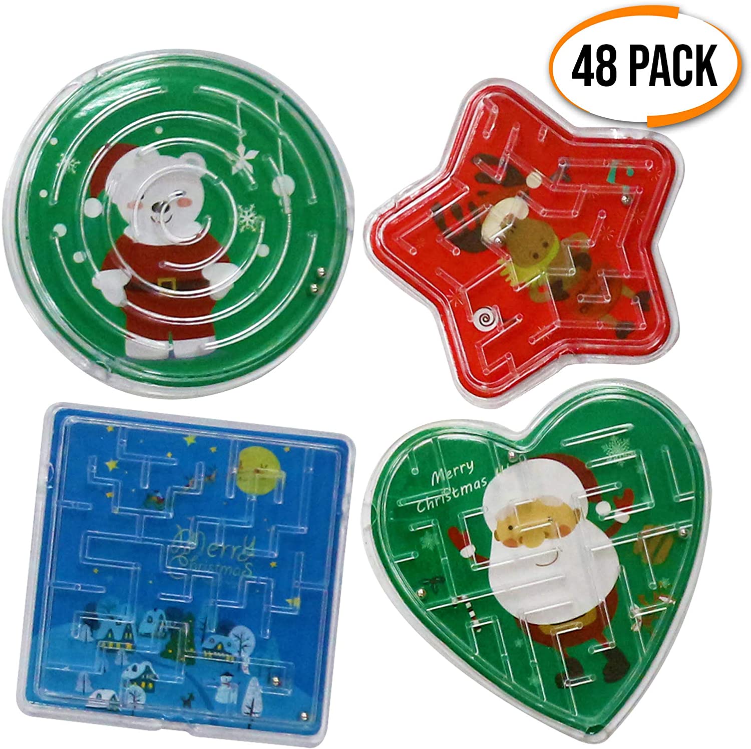 THE TWIDDLERS 48 Pack Mini Christmas Maze Puzzles for Kids Assorted Festive Brain Teaser Games, Santa Reindeer Designs