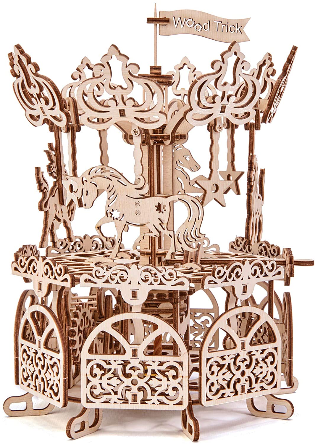 Wood Trick Wooden Carousel Horse Toy, Merry-Go-Round Toy Rotating Mechanical Model, 3D Wooden Puzzle, Assembly Toys