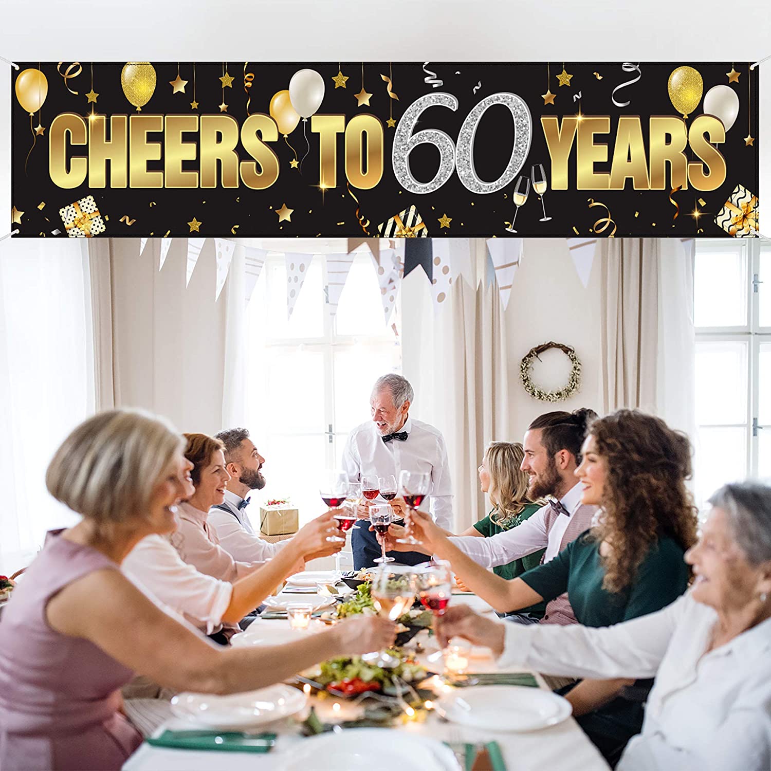 Cheers to 60 Years 60th Birthday Banner Decorations for Men Women Happy 60th Birthday Banner Birthday Party Supplies Black Gold Backdrop for 60th Birthday Decor (70.9 x 15.7 Inch) - Image 3