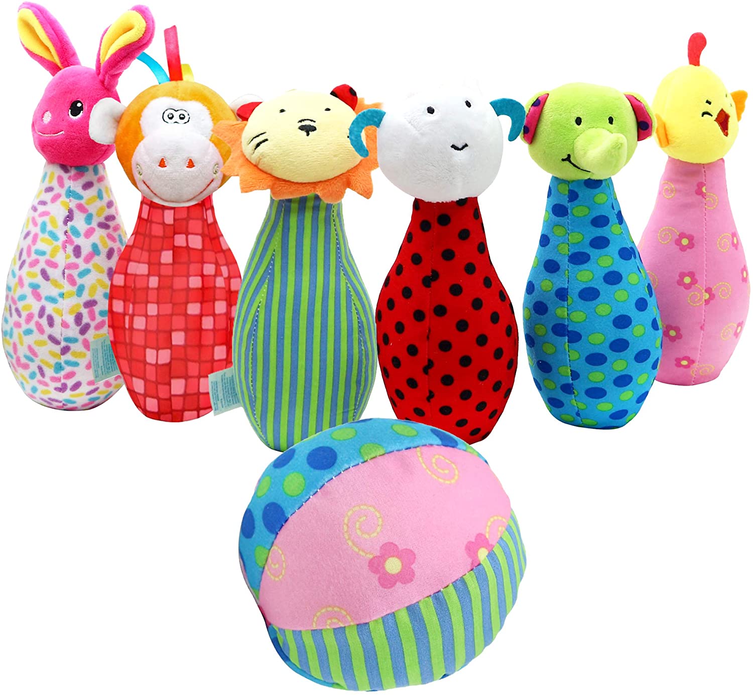 THE TWIDDLERS - 7 Pcs Baby Skittles Bowling Set including Rattles - Soft Plush Sensory Learning Toys for Babies & Toddlers