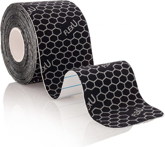 FLEXU – SUPREME KINESIOLOGY TAPE WITH A FREE eBook. Continuous 1 Roll Pack, Black, Synthetic Therapeutic Recovery Tape.