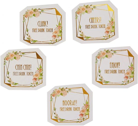 Neviti 775110 Geo Floral Tokens-25 Pack Drinks Tokens, Pink/Peach/Gold, 4.5 x 4.5 x 0.1