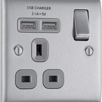 BG Electrical nbs21ug Fast Charging Switched Single Socket with Two Charging USB Ports, Brushed Steel, 13 A