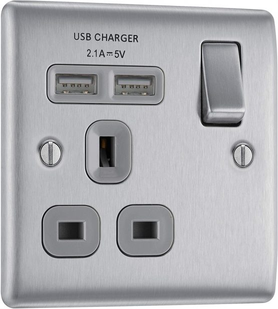 BG Electrical nbs21ug Fast Charging Switched Single Socket with Two Charging USB Ports, Brushed Steel, 13 A