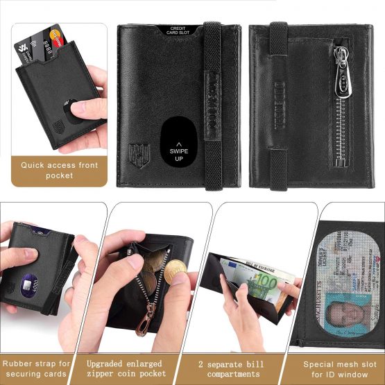 DODENSHA Wallet Mens Slim Wallets Men Leather Card Holder Wallet RFID Blocking Trifold Wallets for Men with Zip Coin Pocket, 2 Banknote Compartment, 7 Card Slots, ID Window, Elastic Strap (Black） - Image 3