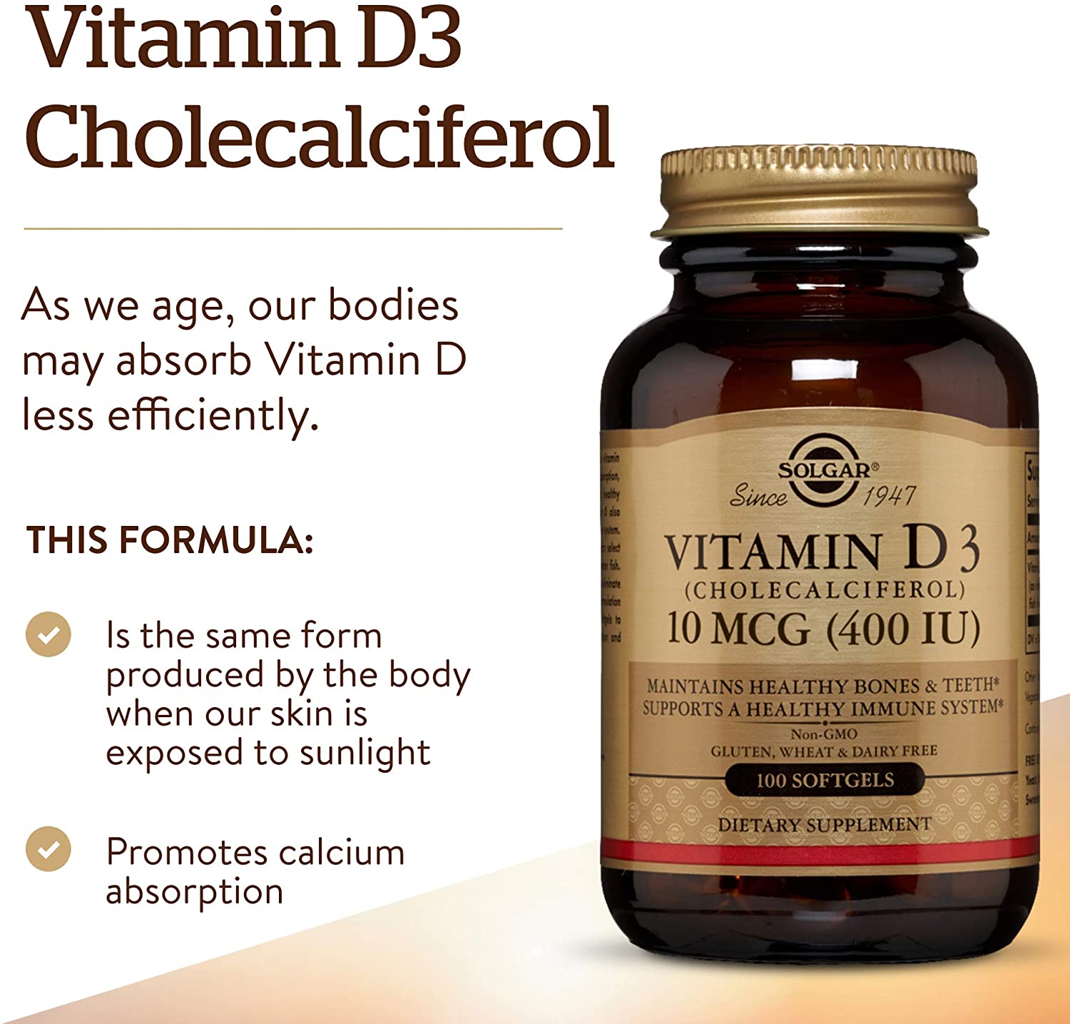 Solgar Vitamin D3 400 IU (10 μg) Softgels, Pack of 100, Cholecalciferol, Keeps Bones and Teeth Healthy - Image 2