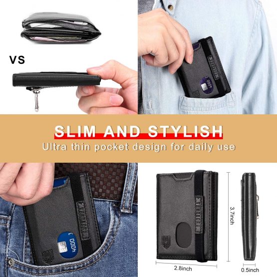 DODENSHA Wallet Mens Slim Wallets Men Leather Card Holder Wallet RFID Blocking Trifold Wallets for Men with Zip Coin Pocket, 2 Banknote Compartment, 7 Card Slots, ID Window, Elastic Strap (Black） - Image 4