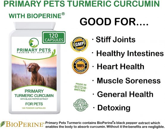 Primary Pets Premium Pet Supplies . Organic Turmeric for Dogs. 120 x 600mg Capsules. Curcumin Antioxidant Hip and Joint Aid Supplement with Active Piperine 12000mg - Image 2