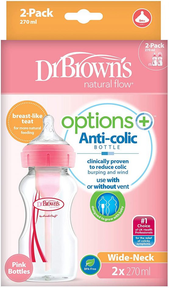 Dr. Brown's Natural Flow Options+ Anti-Colic Wide Neck Baby Bottles, 270ml Pink Twin Pack - Image 2