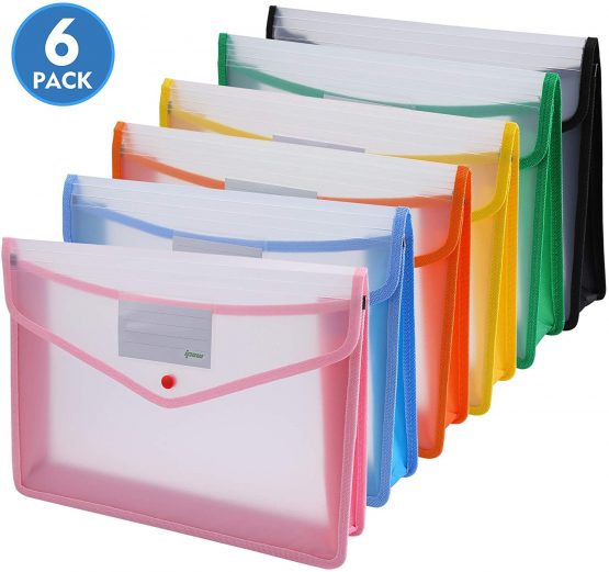 A4 Plastic Wallets, Ipow 6 Pcs Plastic Folders Document Files Folders Popper Wallet Envelope Pockets Large Capacity with Quick Snap Closure, Card Slot for Office Home School Travel