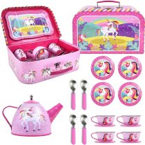 SOKA Unicorn Metal Tin Teapot Set with Carry Case Toy for Kids - 18 Pcs Illustrated Colourful Design Toy Tea Party Set for Boys and Girls Pretend Role Play