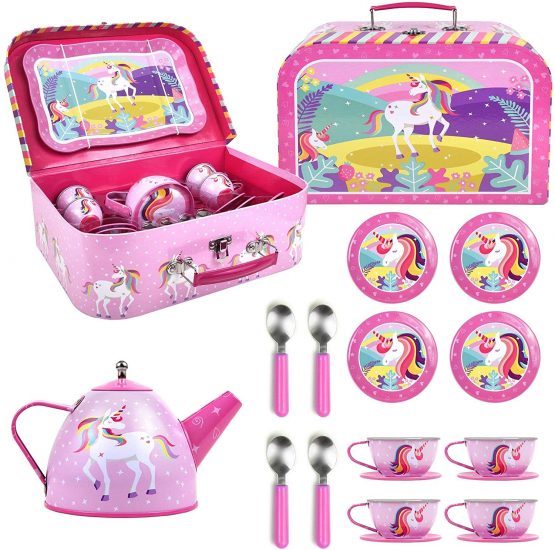 SOKA Unicorn Metal Tin Teapot Set with Carry Case Toy for Kids - 18 Pcs Illustrated Colourful Design Toy Tea Party Set for Boys and Girls Pretend Role Play