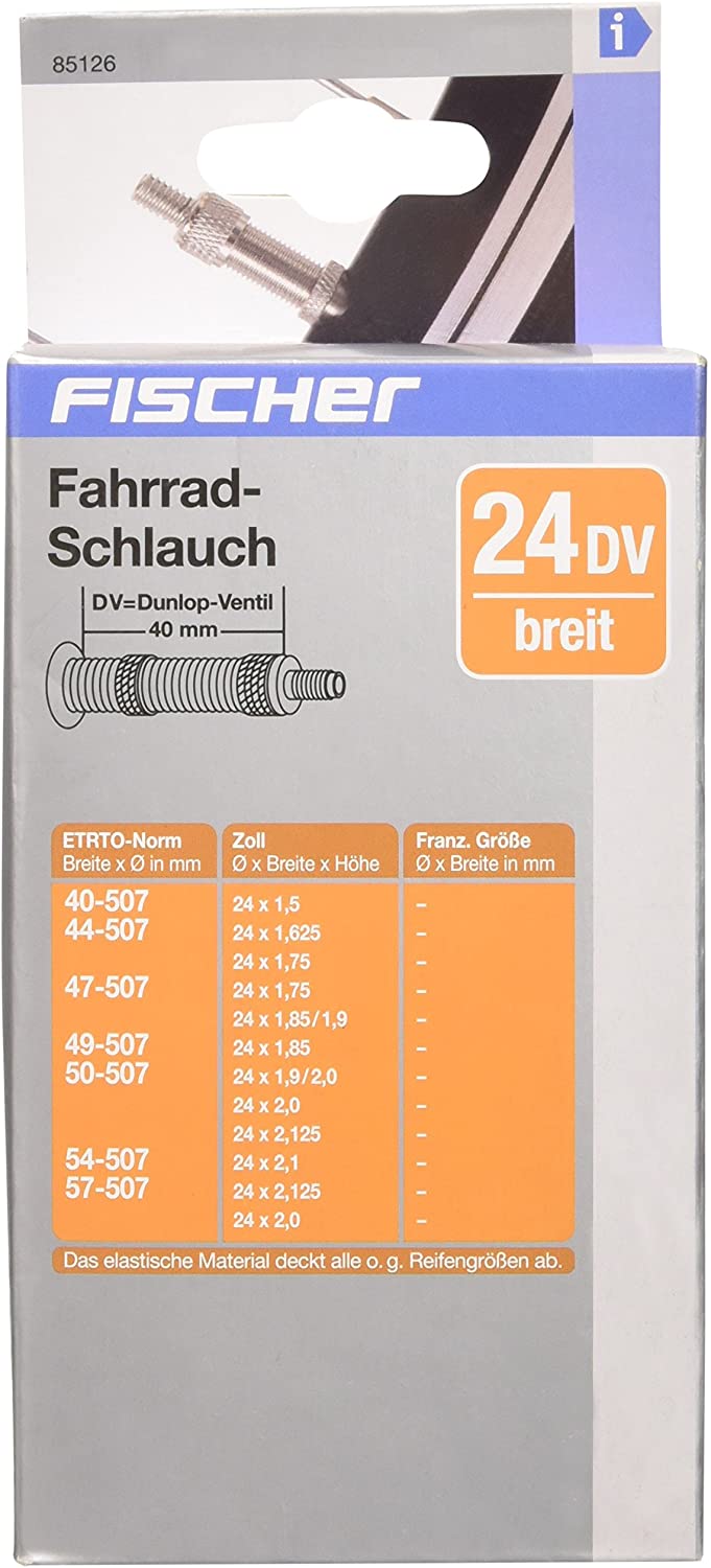 FISCHER Bicycle inner tube wide in 24 inches, ETRO standard: 40/57-507, Dunlop valve, car valve, Black, Auto Ventil standard - Karton