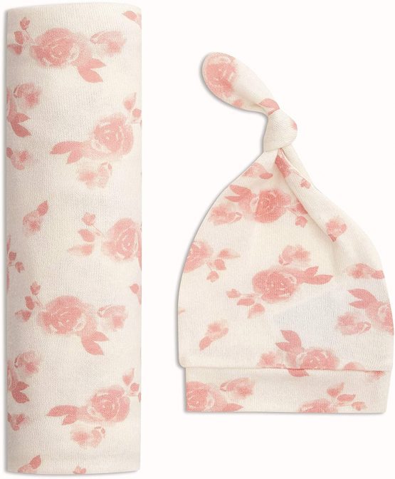 Aden + Anais Snuggle Knit Baby Swaddle Blanket and Infant Hat Set, Super Soft and Stretchy, Newborn Baby Girl and Boy Gifts, Rosettes