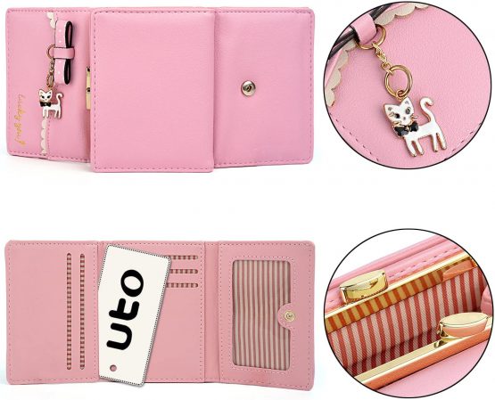UTO Ladies Card Wallet Purse 13 Slots Kiss Lock Coin Pocket Cat Pendant PU Leather Pink - Image 4
