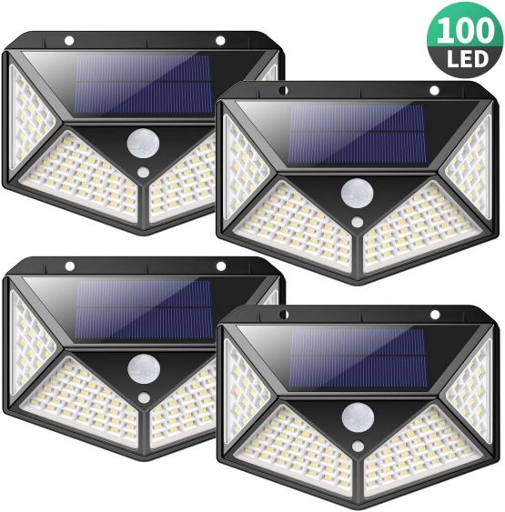 Solar Lights Outdoor 100 LED, [2200mAh Super Energy Saving] iPosible Motion Sensor Security Lights 270º Wall Lights Solar Powered Lights Wireless Waterproof with 3 Modes for Garden Outside (4 Pack)
