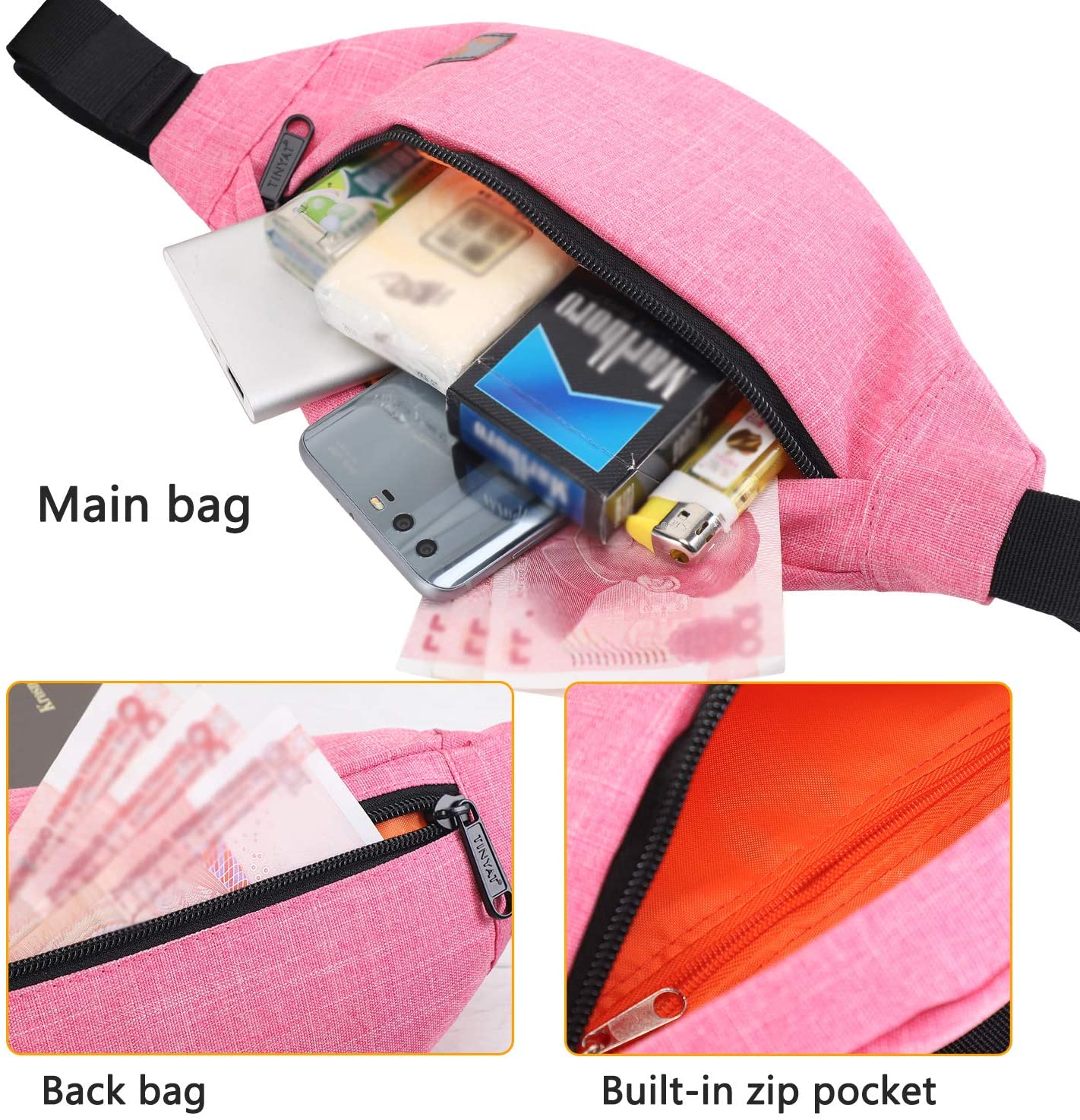 TINYAT Bum Bag Fanny Pack for Women Pink Waist Packs Waterproof Belt Bag for Sport Running Hiking Walking Dog Travel Super Lightweight T201 - Image 3