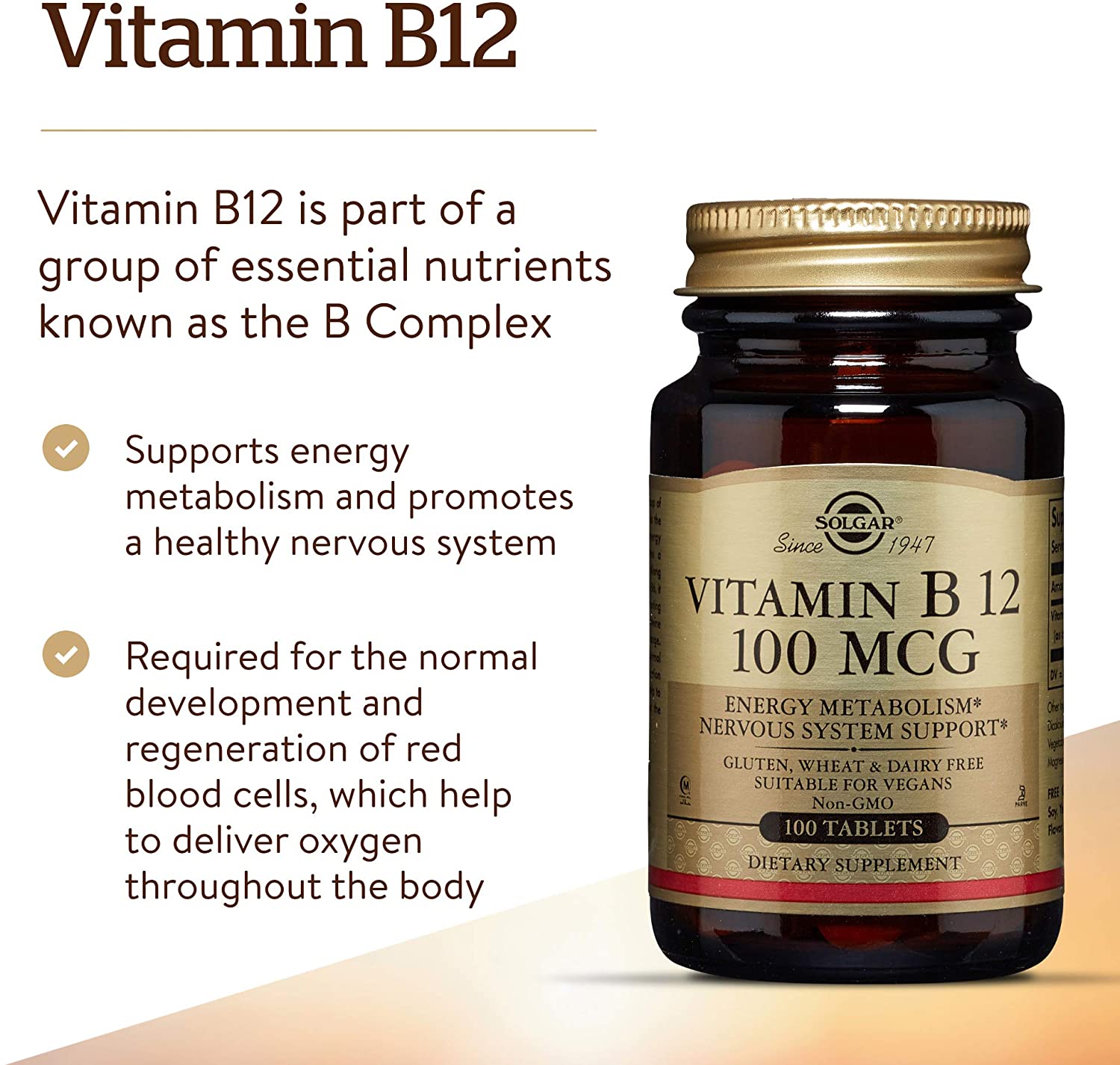 Solgar Vitamin 100 µg B12 Tablets, Pack of 100, Easy to take Form, for Healthy Nervous System Heart and Mind - Image 4