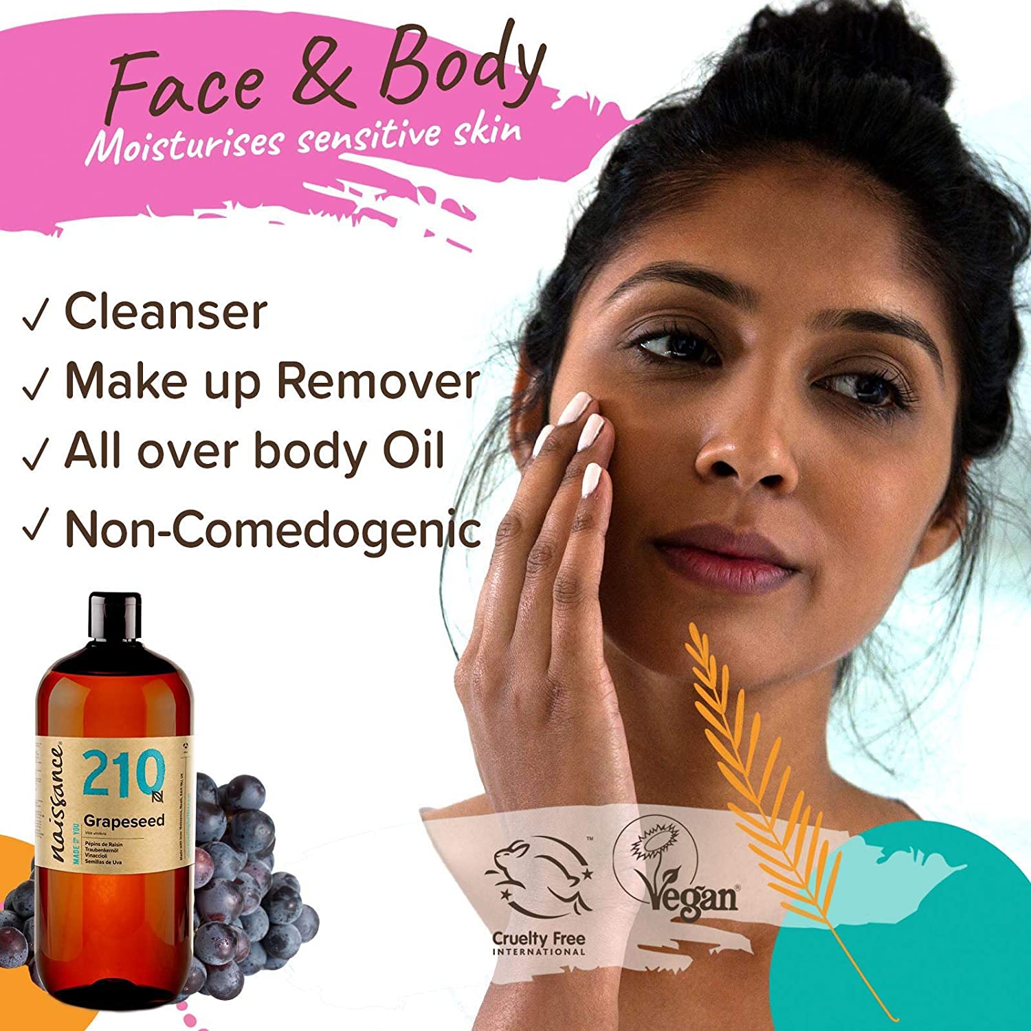 Naissance Grapeseed Oil (No. 210) 900ml, Natural Moisturiser and Conditioner, Ideal for Hair Skin, Massage, Face - Image 3