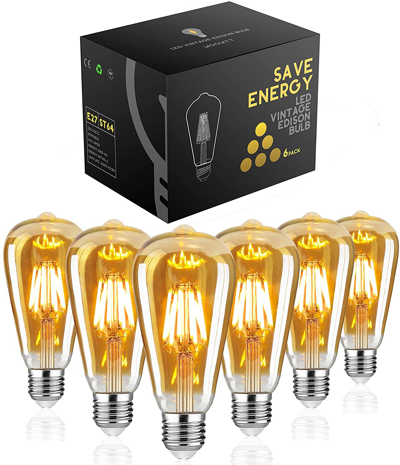 Woowtt LED Edison Bulb, Vintage Light Bulb, Dimmable 6W E27 LED Bulbs, Led Filament Bulb