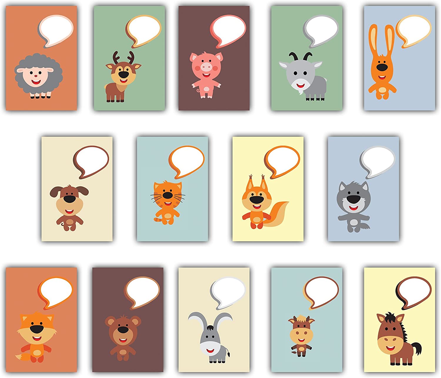 Set of 28 Animal Speech Bubble Postcards - Great for a Custom Message or Reward Postcards, orange|beige|green|grey