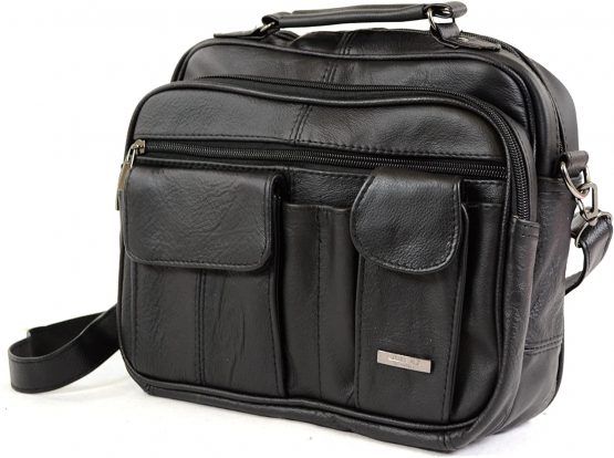 Leather Travel Bag with Carry Handle, Detachable Shoulder Strap and Mobile Phone Pocket (Dark Brown/Black/Tan).