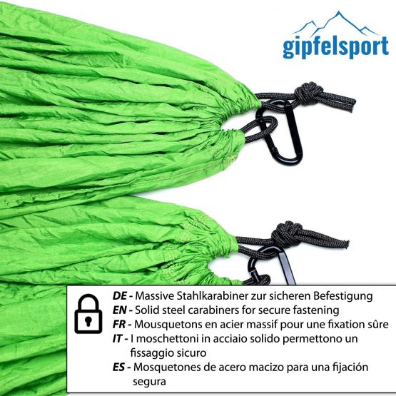 gipfelsport Hammock- Ultralight parachute silk hammock | for up to 2 persons up to 300kg | for indoor and outdoor | Travel hammock with 2x straps or 2x ropes - Image 3