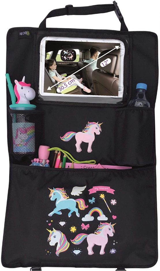 HECKBO® car backseat organizer with adjustable tablet pocket for tablets up to 20 inches with touch foil - with unicorn print - universal fit - incl. thermo pocket + stretch net pocket - washable