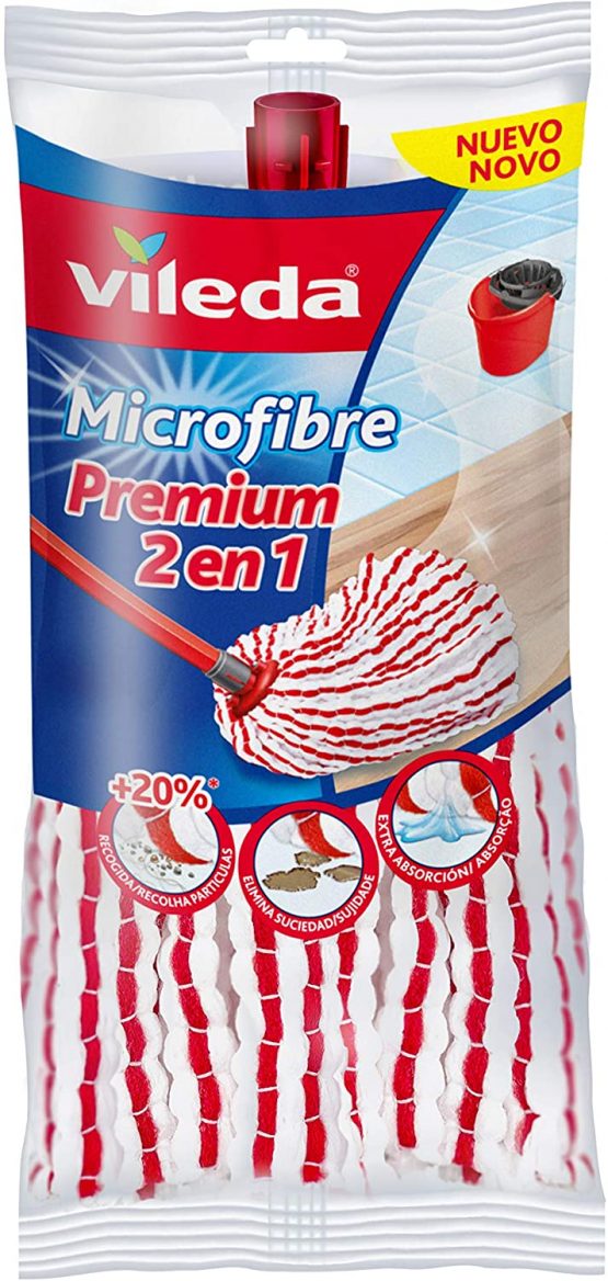Vileda Premium Microfibers 2 in 1 Refill for Mop, Universal Head with Microfibers and Polyamide, Red and White - 1 Unit