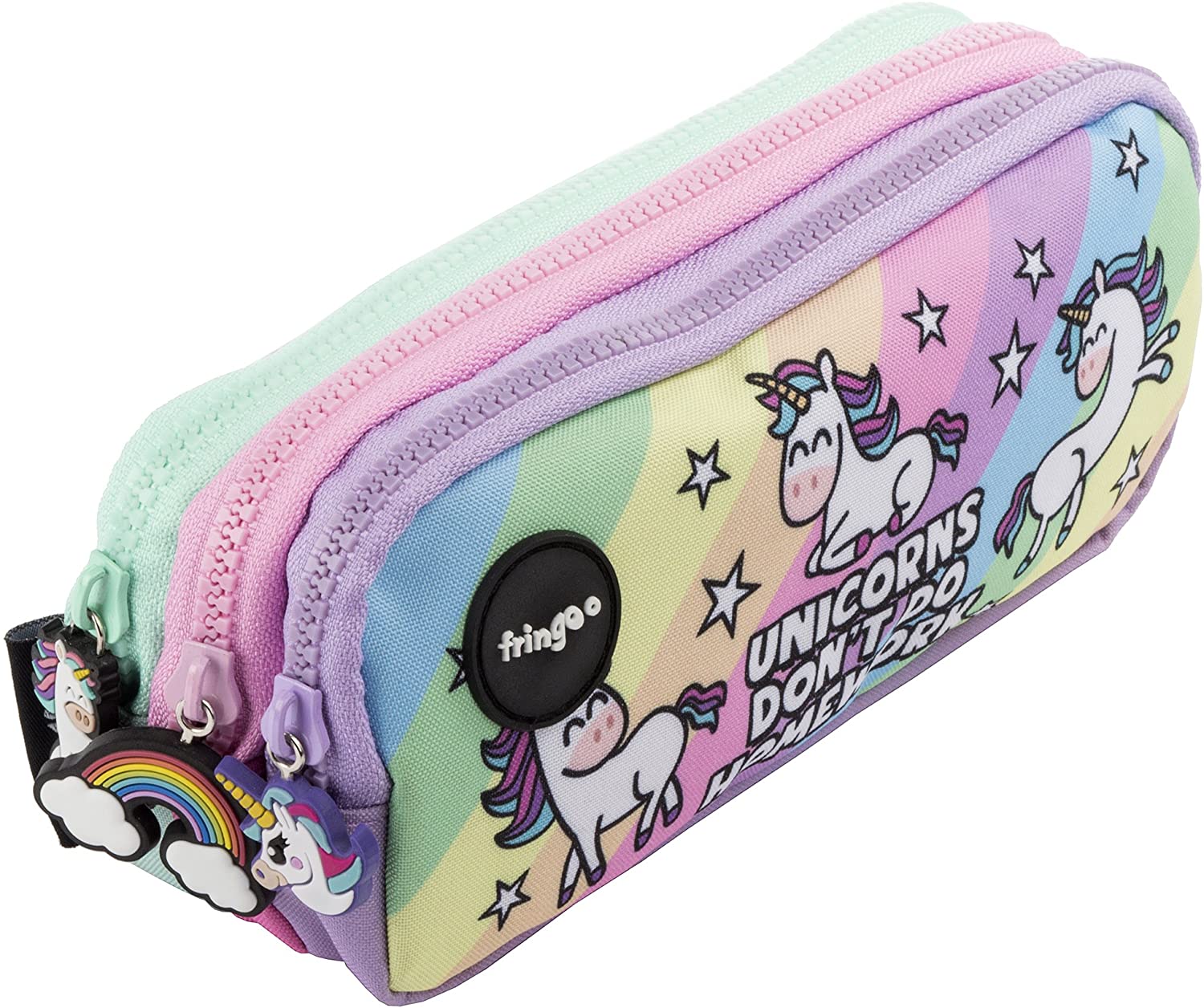 Fringoo® 3 Compartment Pencil Case for Kids School Stationery Holder Funny Cute (Unicorns & Homework - 3 Compartments)