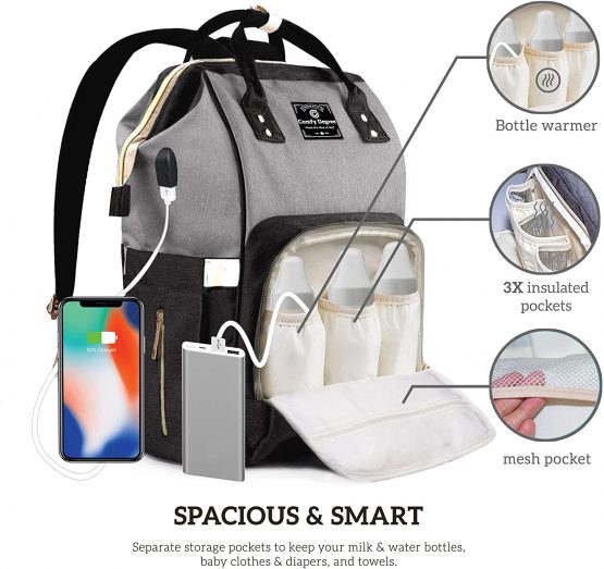 ComfyDegree Baby Changing Bag Backpack Waterproof Multi-Function Large Capacity Diaper Bag Rucksack with USB Port, Stroller Straps & Insulated Bottle Warmer Pockets for Mom and Dad (Black-Gray) - Image 3