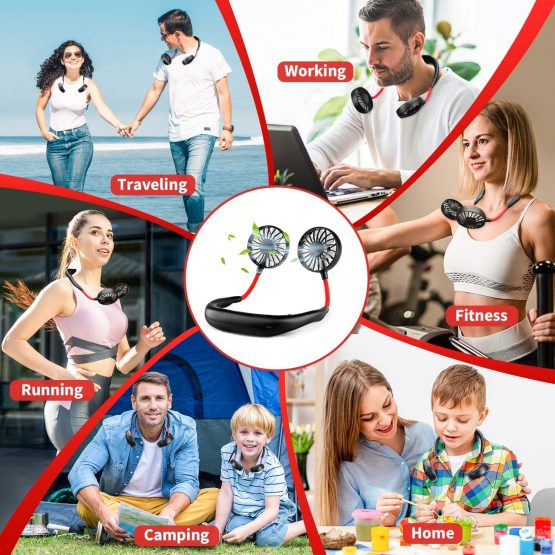 Portable neck Fan Hand held Hand Free Fan USB Rechargeable mini Sports Neck Hanging lithium Battery Rechargeable fans desk small fans office tiny little Perfect forTraveling Outdoor Room (Black) - Image 4