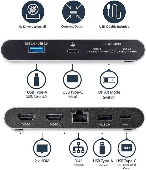 StarTech USB C Dock - 4K Dual Monitor HDMI Display - Mini Laptop Docking Station - 100W Power Delivery Passthrough - GbE, 2-Port USB-A Hub - USB Type-C Multiport Adapter - 3.3' Cable (DK30C2HAGPD) - Image 2