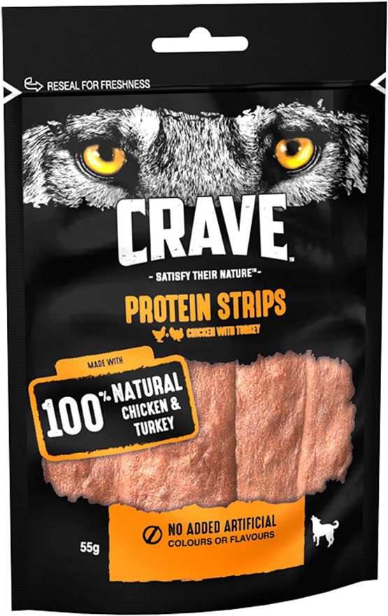 Crave Protein Strips Dog Treat, Turkey and Chicken, 7 x 55g
