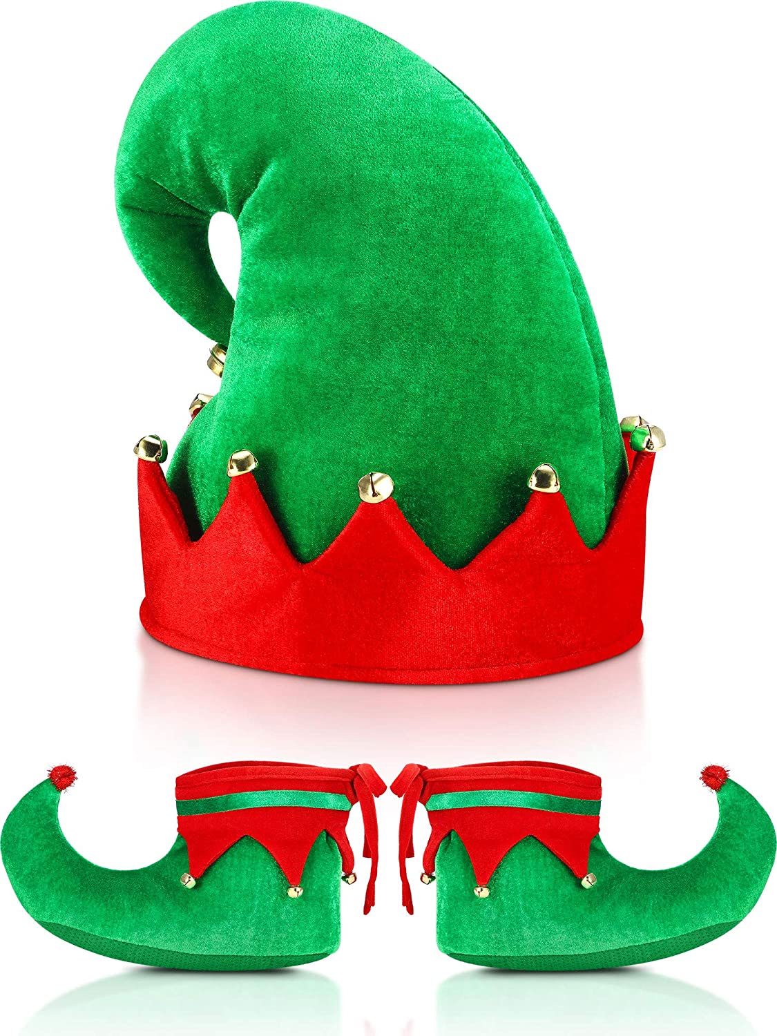 SATINIOR Christmas Santa Elf Shoes and Hat Christmas Red Green Costume Accessory Set (21 cm/ 8 Inch)